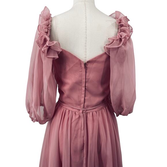 Vintage 70s Chiffon Puff Sleeve Ruffle Off Shoulder Midi Dress Fit Flare Pink 4 - Picture 6 of 10